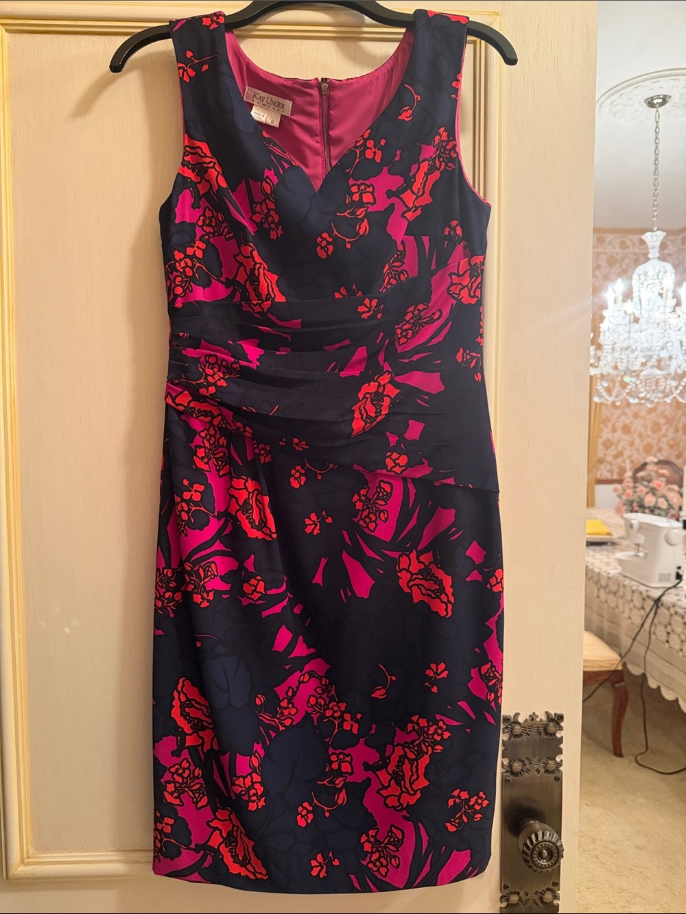 Kay Unger Navy Midi Sheath Dress with Pink & Red Floral Print